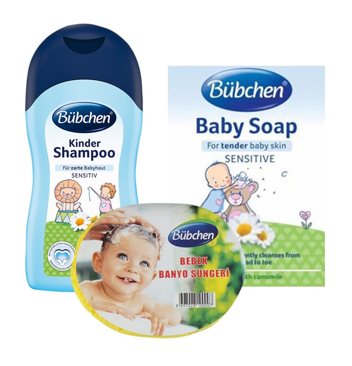 Bübchen 200 ml. bebek şampuanı sabun ve sünger 3 lü set